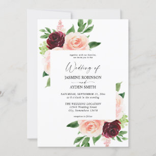 Bourgogne et rose pâle 4 Faire-part de mariage flo