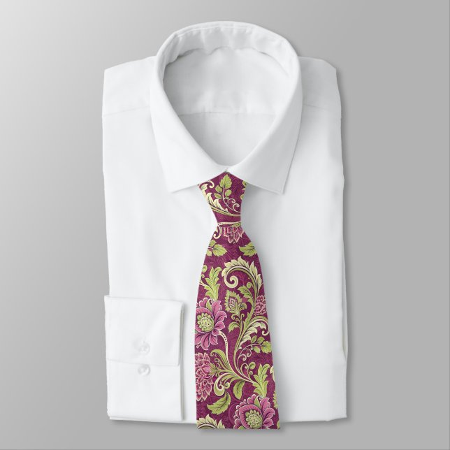 Bourgogne et vert Cravate de Damas florales (Attaché)