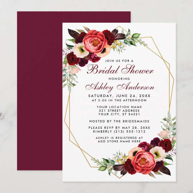 Bourgogne Fête des mariées Florale Boho Invitation (Devant / Derrière)
