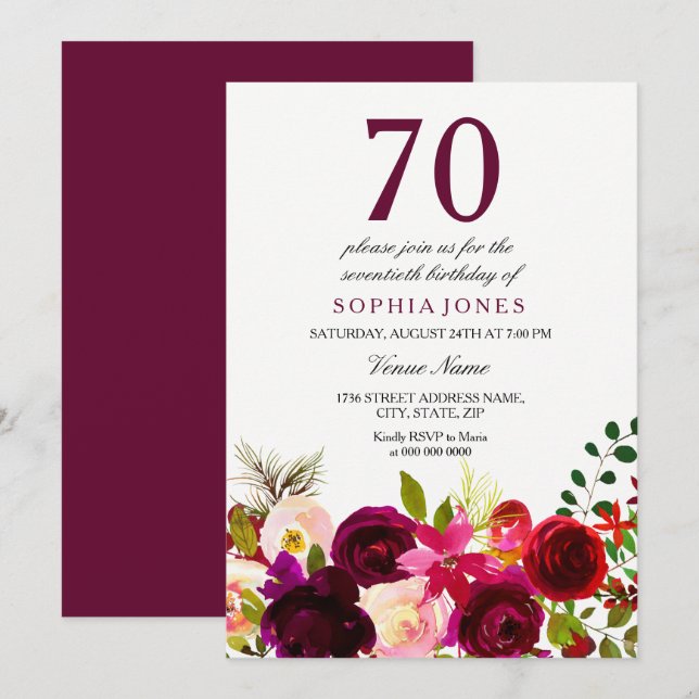 Bourgogne Fleurs 70e anniversaire Invitation (Devant / Derrière)