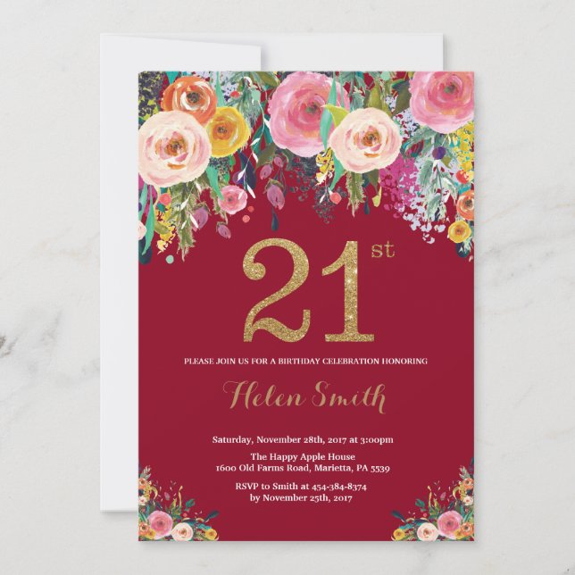 Bourgogne Floral 21e Anniversaire Invitation Or (Devant)