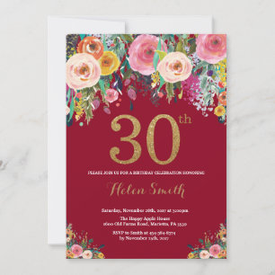 Bourgogne Floral 30e Anniversaire Invitation Or