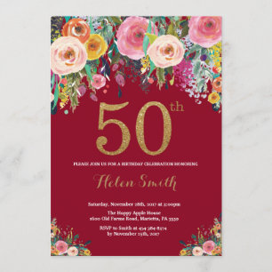 Bourgogne Floral 50e Anniversaire Invitation Or