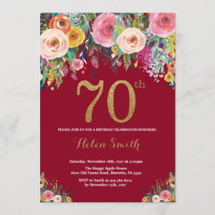Bourgogne Floral 70e anniversaire Invitation Gold