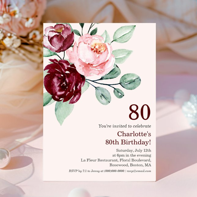Bourgogne Floral 80e anniversaire Invitation (Créateur téléchargé)