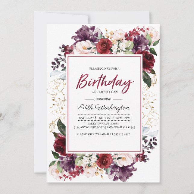 Bourgogne Floral Anniversaire Invitation (Devant)