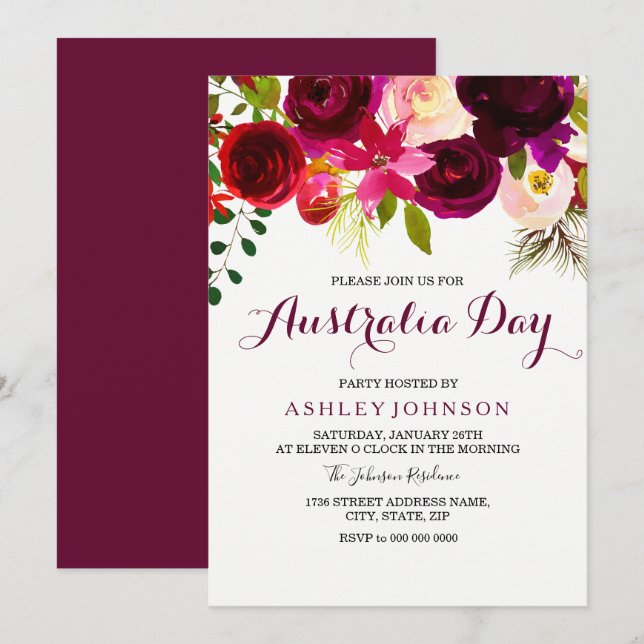 Bourgogne Floral Australie Fête Invitation (Devant / Derrière)