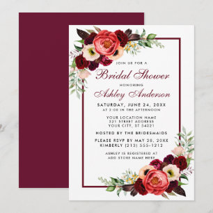 Bourgogne Floral Boho Fête des mariées Invitation 
