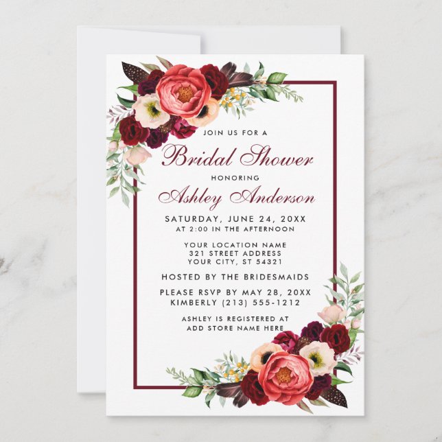 Bourgogne Floral Boho Fête des mariées Invitation (Devant)