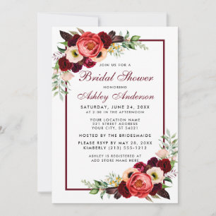 Bourgogne Floral Boho Fête des mariées Invitation