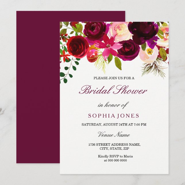 Bourgogne Floral Boho nuptiale Invitation (Devant / Derrière)