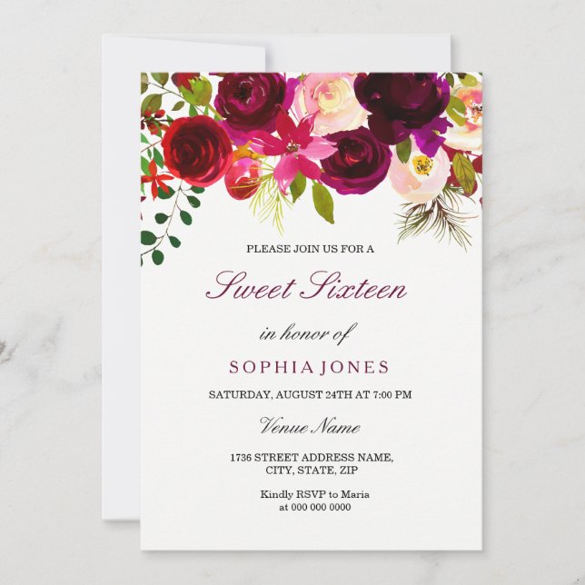 Bourgogne Floral Boho Sweet sixteen Invitation (Devant)