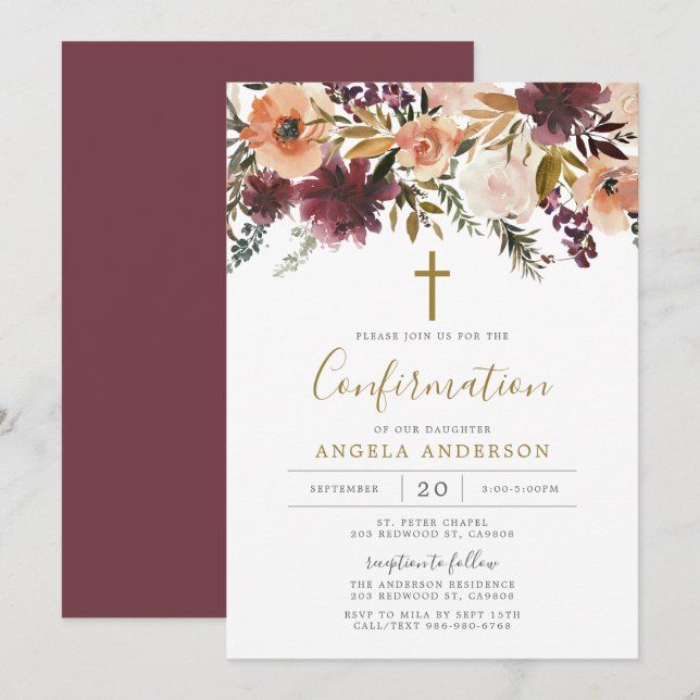 Bourgogne Floral Confirmation Invitation (Devant / Derrière)
