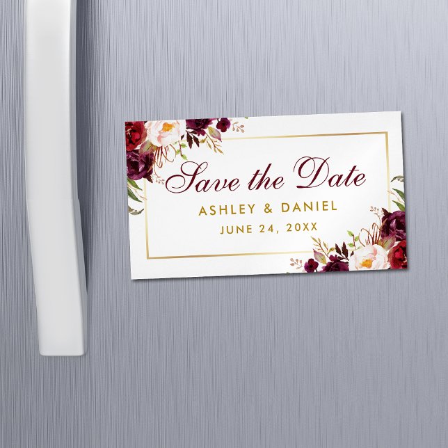 Bourgogne Floral Économisez La Date Or Mini Magnet (Customize to change text size, color or text style.)