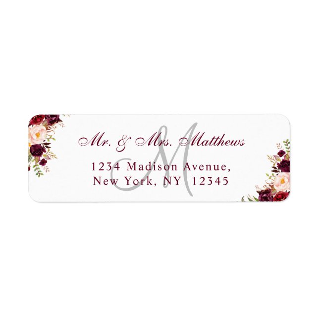 Bourgogne Floral Elegant Monogram Mariage Adresse (Devant)
