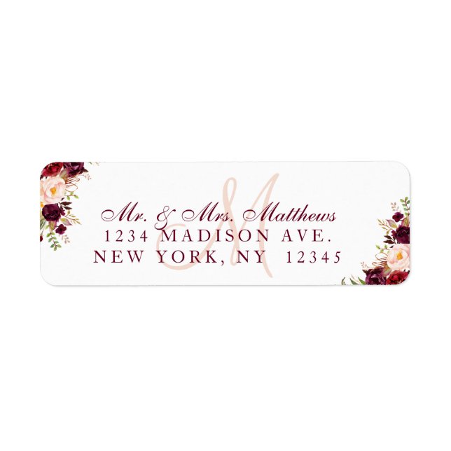 Bourgogne Floral Elegant Monogram Mariage Adresse (Devant)