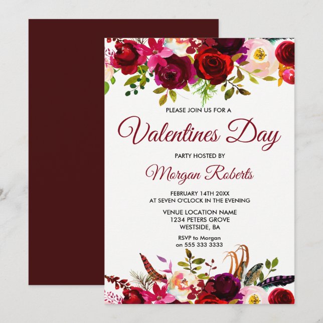 Bourgogne Floral Élégant Valentines Invitation de  (Devant / Derrière)