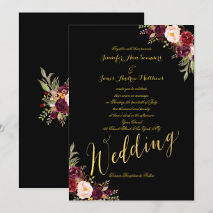 Bourgogne Floral Gold Foil Black Faire-part de mar