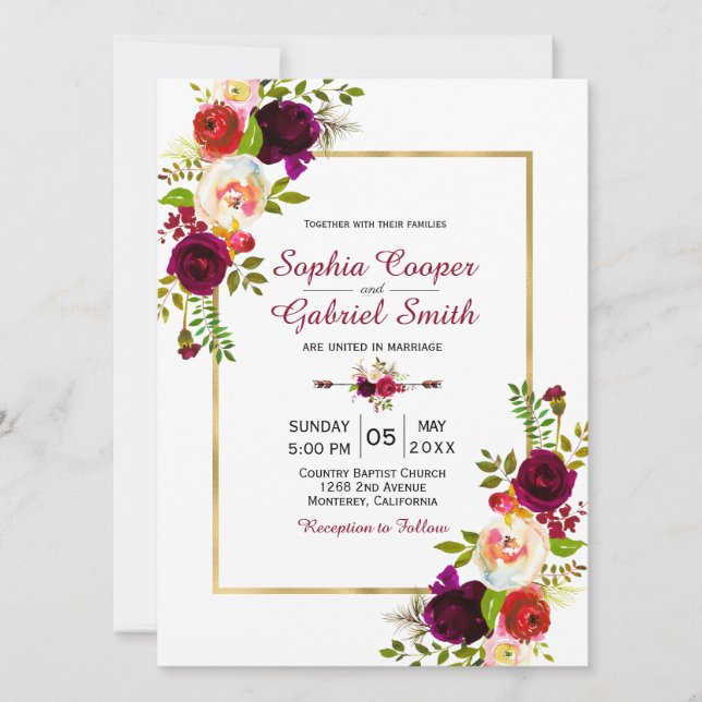 Bourgogne Floral Gold Frame Faire-part de mariage (Devant)