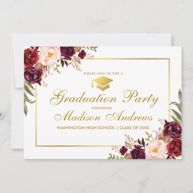 Bourgogne Floral Gold Frame Invitation de la fête  (Devant)