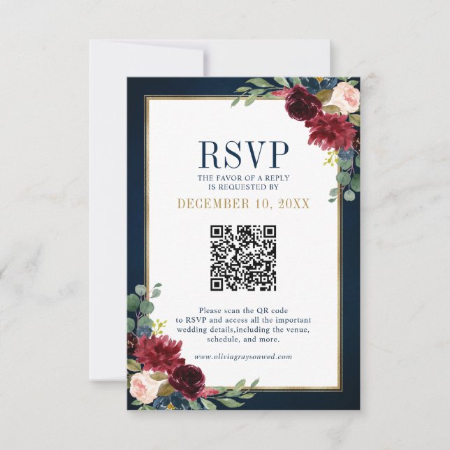 Bourgogne Floral Gold Frame Navy Blue QR code RSVP (Devant)