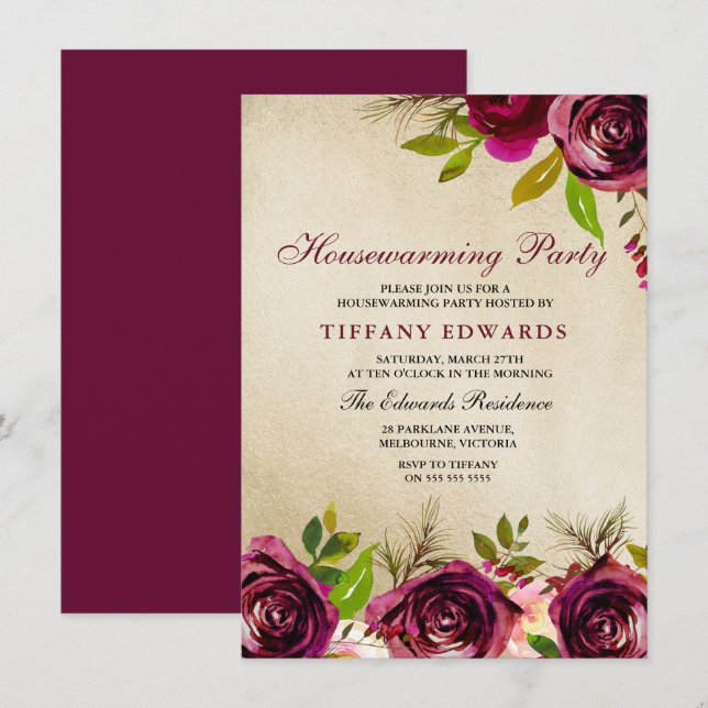 Bourgogne Floral Gold House Party Invitation (Devant / Derrière)