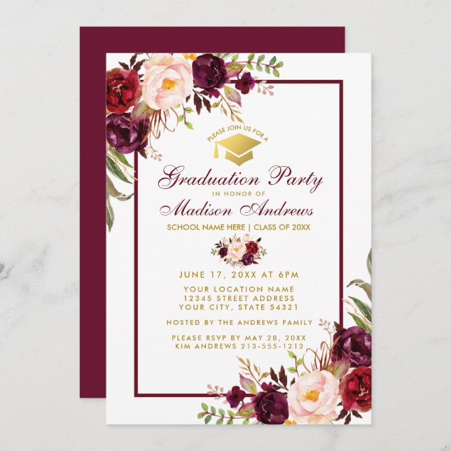 Bourgogne Floral Gold Party Invitation B (Devant / Derrière)