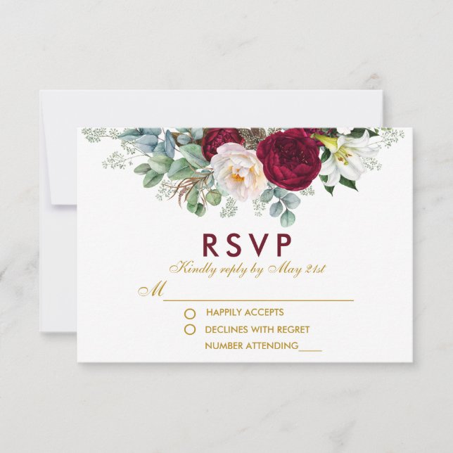 Bourgogne Floral Greenery Gold Wedding RSVP (Devant)