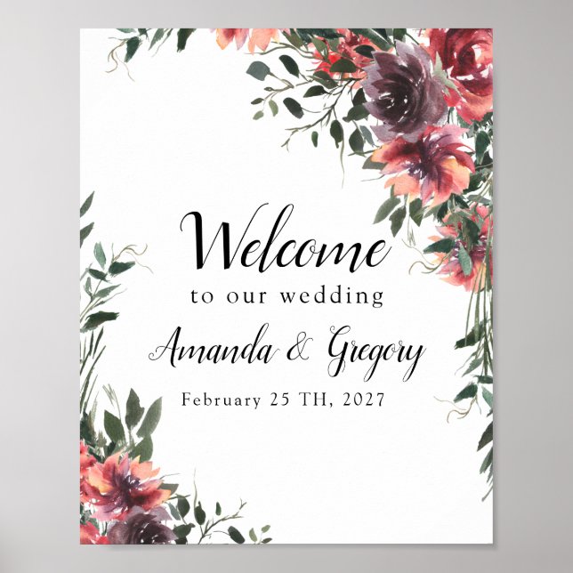 Bourgogne Floral Mariage Affiche de bienvenue (Devant)