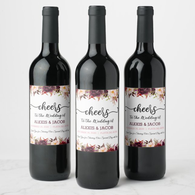 Bourgogne Floral Mariage Étiquette de bouteilles d (Bouteilles)