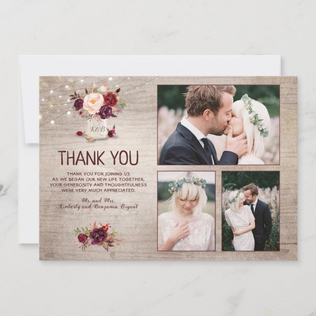 Bourgogne Floral Mason Jar Merci Mariage Photo (Devant)