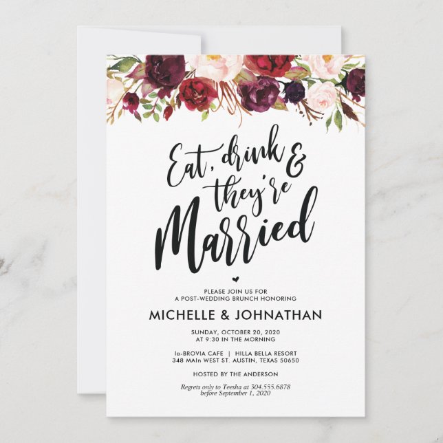 Bourgogne Floral Post Mariage Brunch Invitation (Devant)