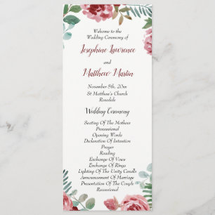 Bourgogne Floral Rose Foliage Programmes de mariag
