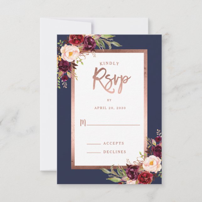 Bourgogne Floral Rose Gold Moody Wedding RSVP (Devant)