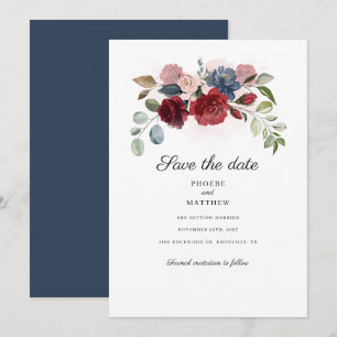 Bourgogne Floral Végétal Navy Save The Date