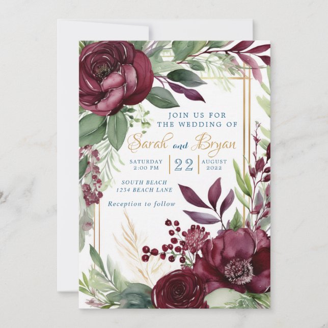 Bourgogne Floral verdure Boho Faire-part de mariag (Devant)