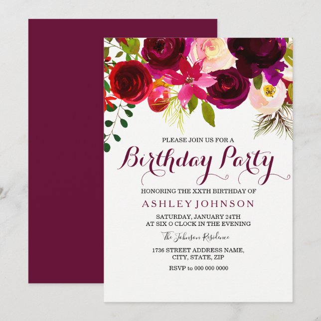 Bourgogne Florale Femme Anniversaire Invitation (Devant / Derrière)