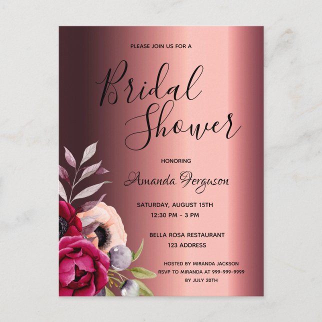 Bourgogne florales invitation à la douche nuptiale (Devant)