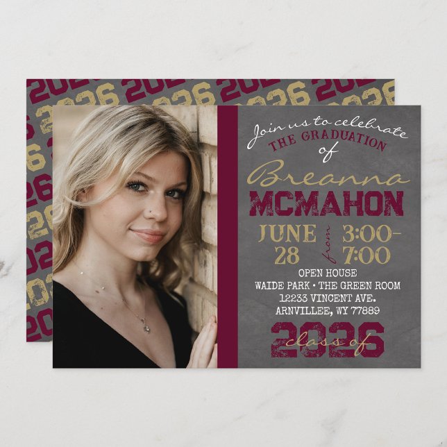 Bourgogne & Gold Chalkboard Graduation Invitation (Repeating Class Year Chalkboard Graduation Photo Invitations)