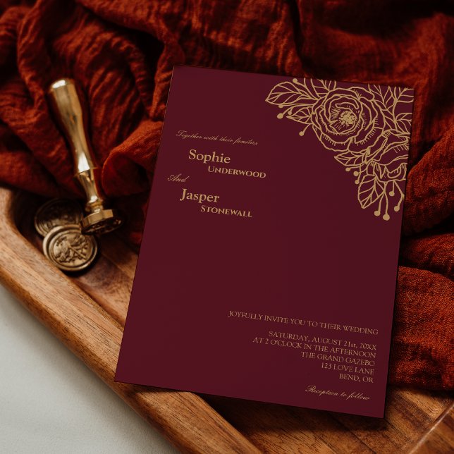 Bourgogne Gold Floral Faire-part de mariage (Créateur téléchargé)