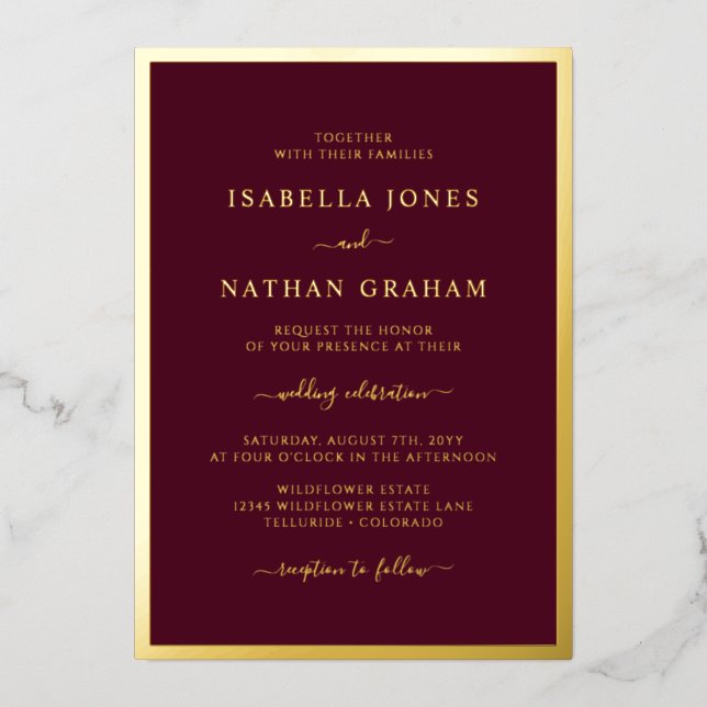 Bourgogne Gold Foil Invitations de mariage (Recto)