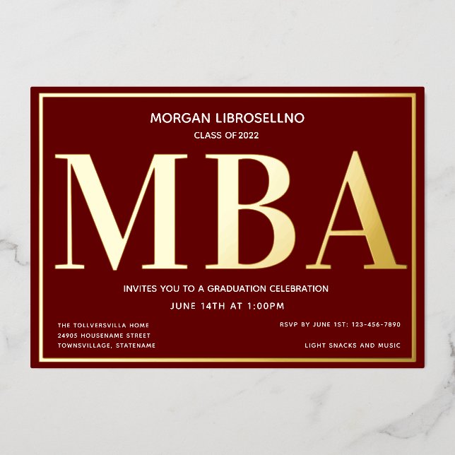 Bourgogne Gold MBA Graduation Foil Invitation (Recto)
