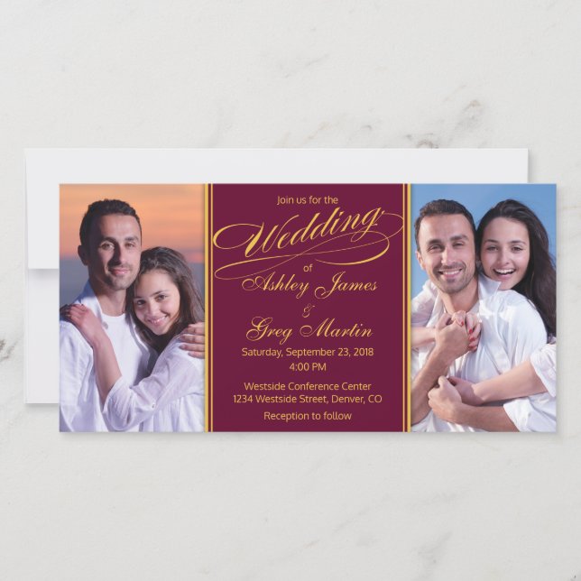 Bourgogne Gold Photo Collage Faire-part de mariage (Devant)