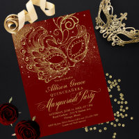 Bourgogne Gold Quinceanera Masquerade Invitation