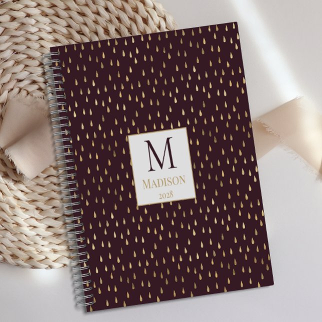 Bourgogne Gold Raindrop Moderne Monogramme tendanc (Créateur téléchargé)