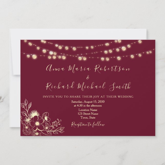 Bourgogne Gold String Lumières Mariage Invitation (Devant)