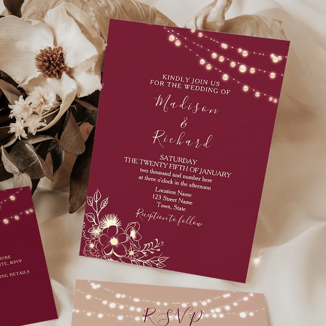 Bourgogne Gold String Lumières Mariage Invitation (Créateur téléchargé)