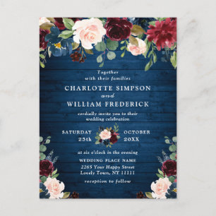 Bourgogne Marine Blush Floral Wedding Invitations