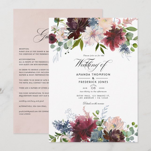 Bourgogne, marine et Faire-part de mariage florale (Devant / Derrière)