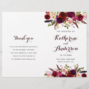 Bourgogne Marsala Floral Programme de mariage plié